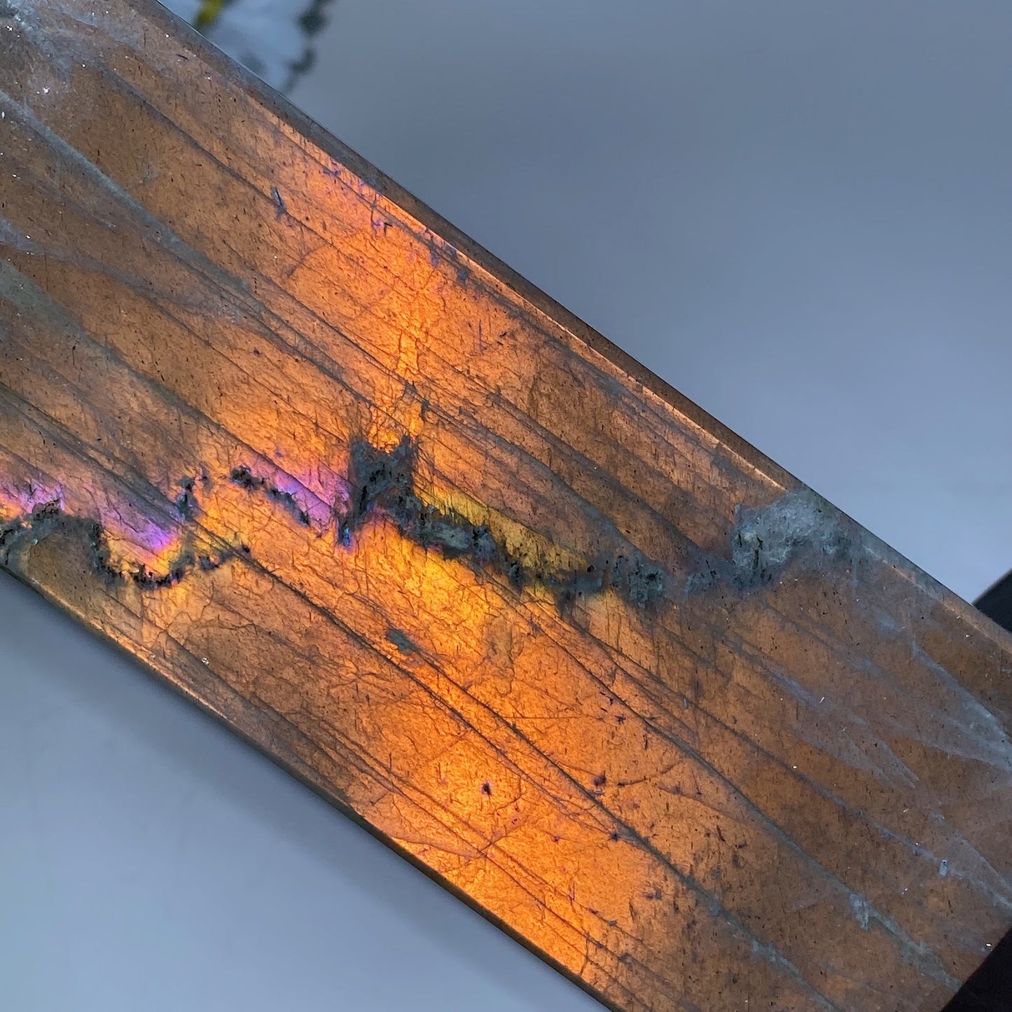 42cm Large Sunset Flash Labradorite Tower with Wooden Stand Crystal Healing