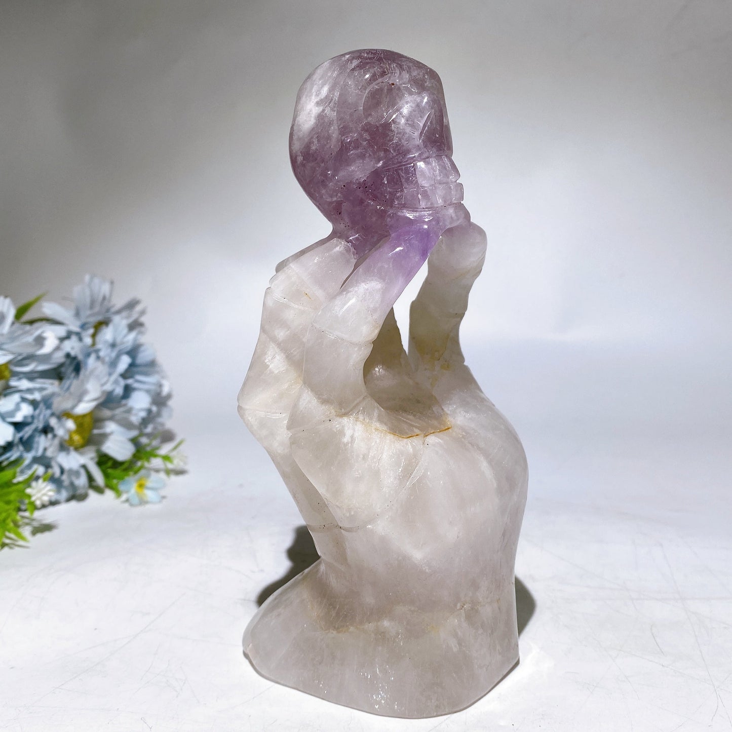 18cm Large Unique Amethyst Grow with Quartz Ghost Hand Holding Skull Carving Crystal Healing Bulk Wholesale