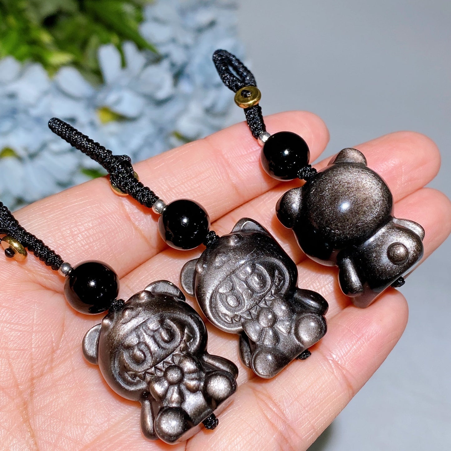 Silver Obsidian Labubu Cat Bag Hanging Phone Hanging Ornament Crystal Healing Bulk Wholesale