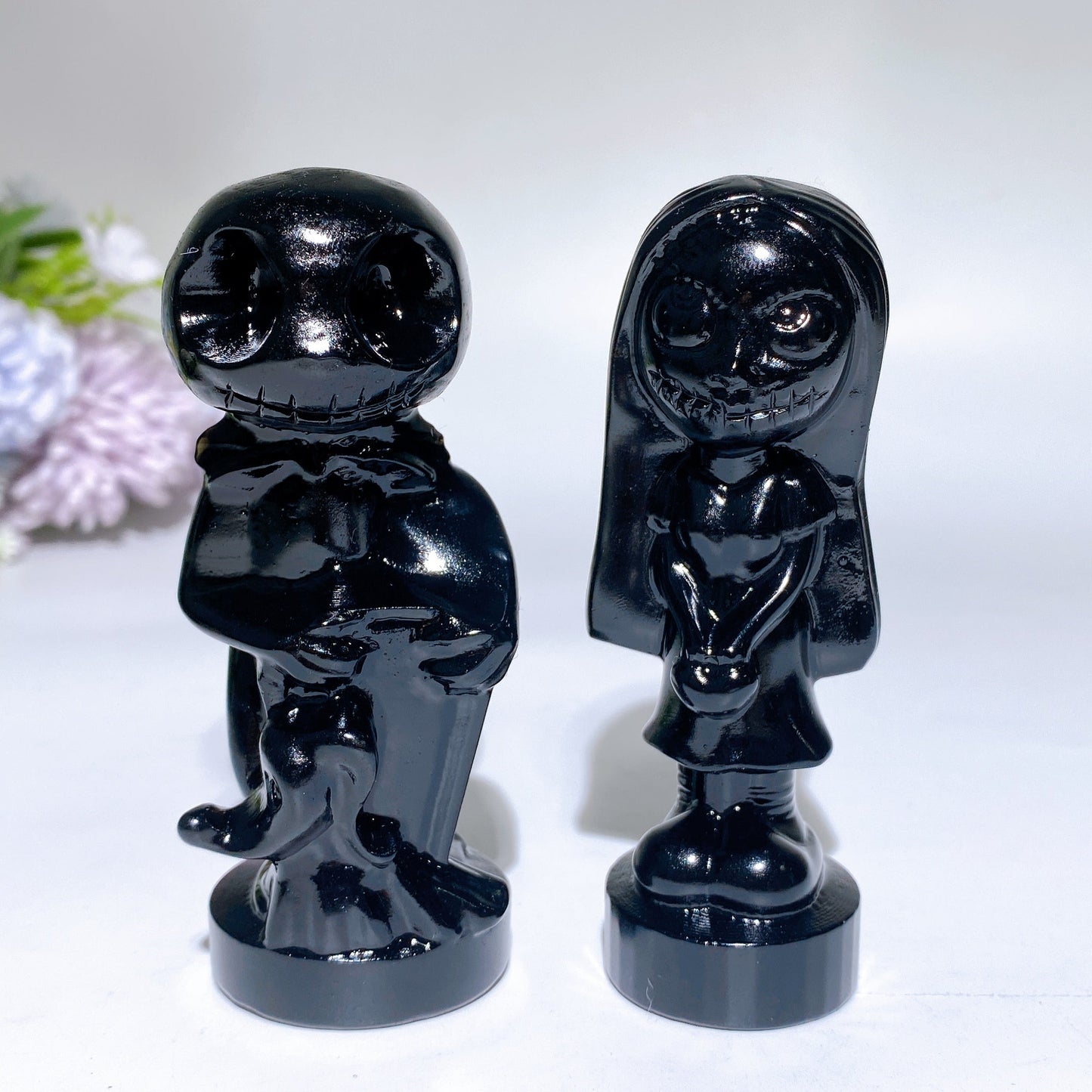 4.0" Black Obsidian Jack Skellington & Sally Carving Crystal Healing Bulk Wholesale