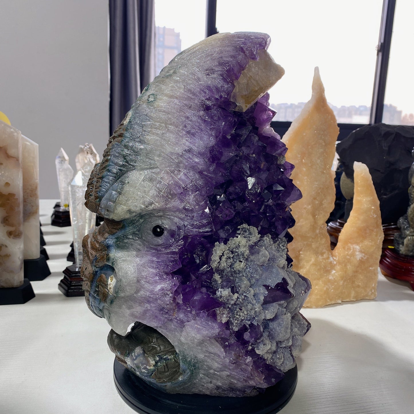 36cm Large Unique Amethyst Cluster Kong Kim Carving Crystal Healing
