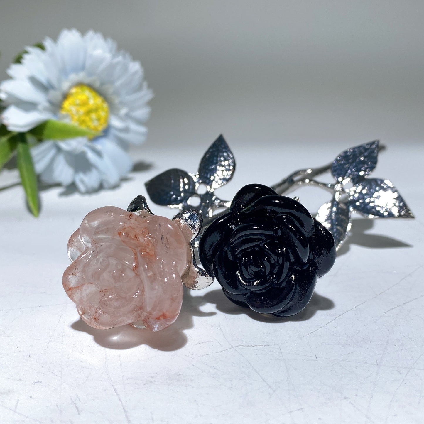 19cm Silver Stem Mixed Crystal Double Flowers Carvings Crystal Healing Bulk Wholesale