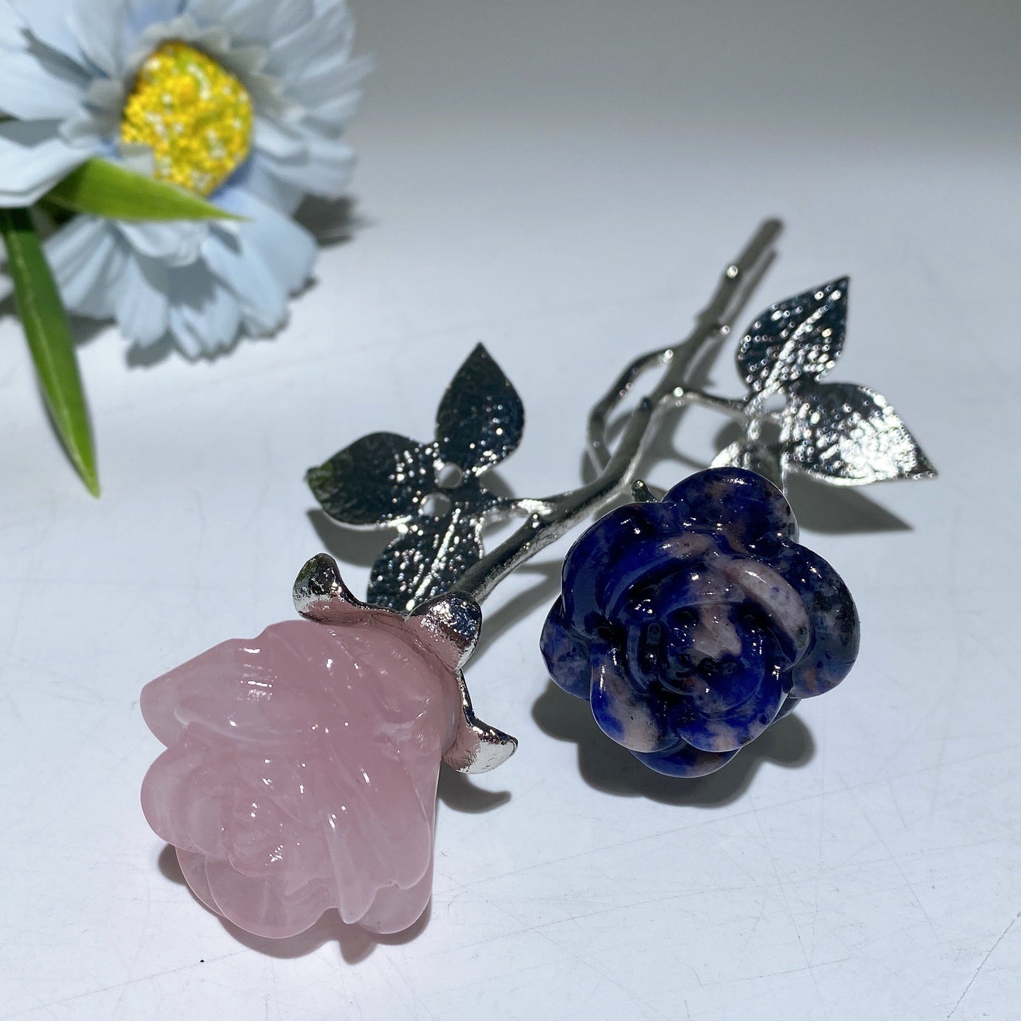 19cm Silver Stem Mixed Crystal Double Flowers Carvings Crystal Healing Bulk Wholesale