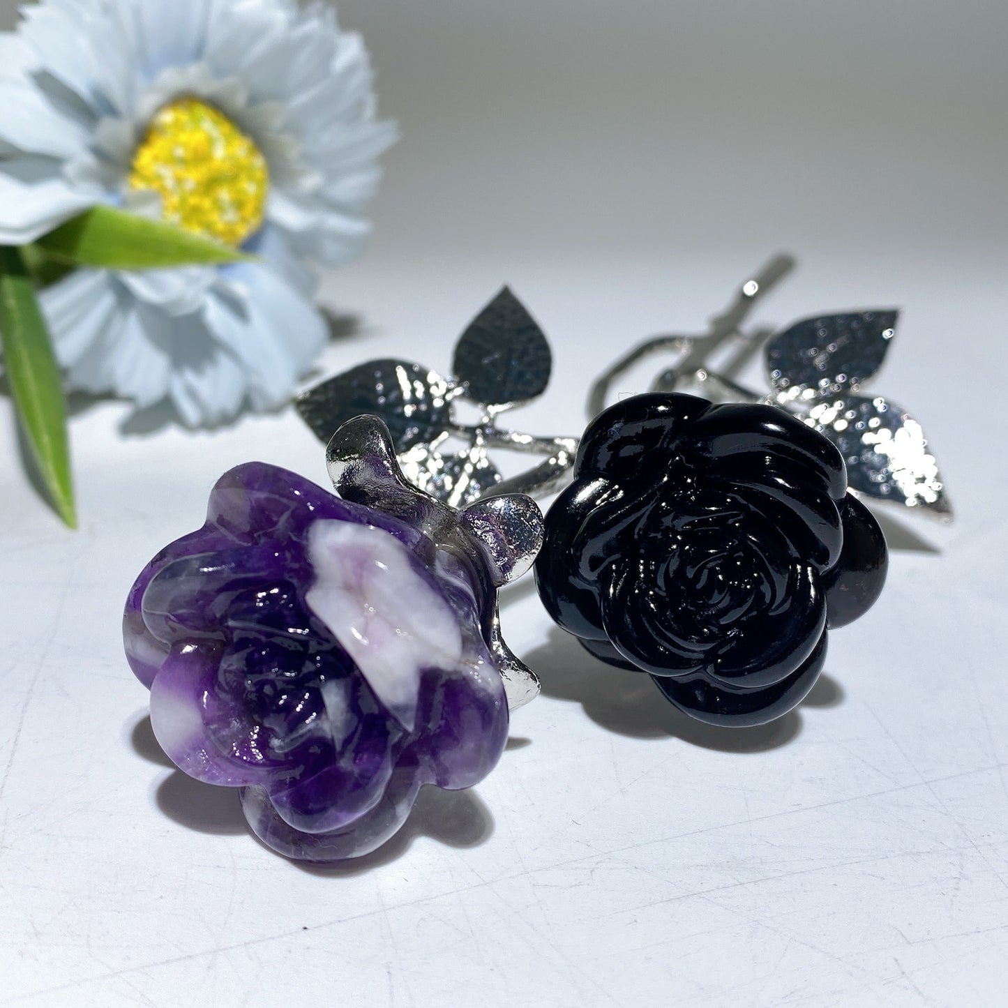 19cm Silver Stem Mixed Crystal Double Flowers Carvings Crystal Healing Bulk Wholesale