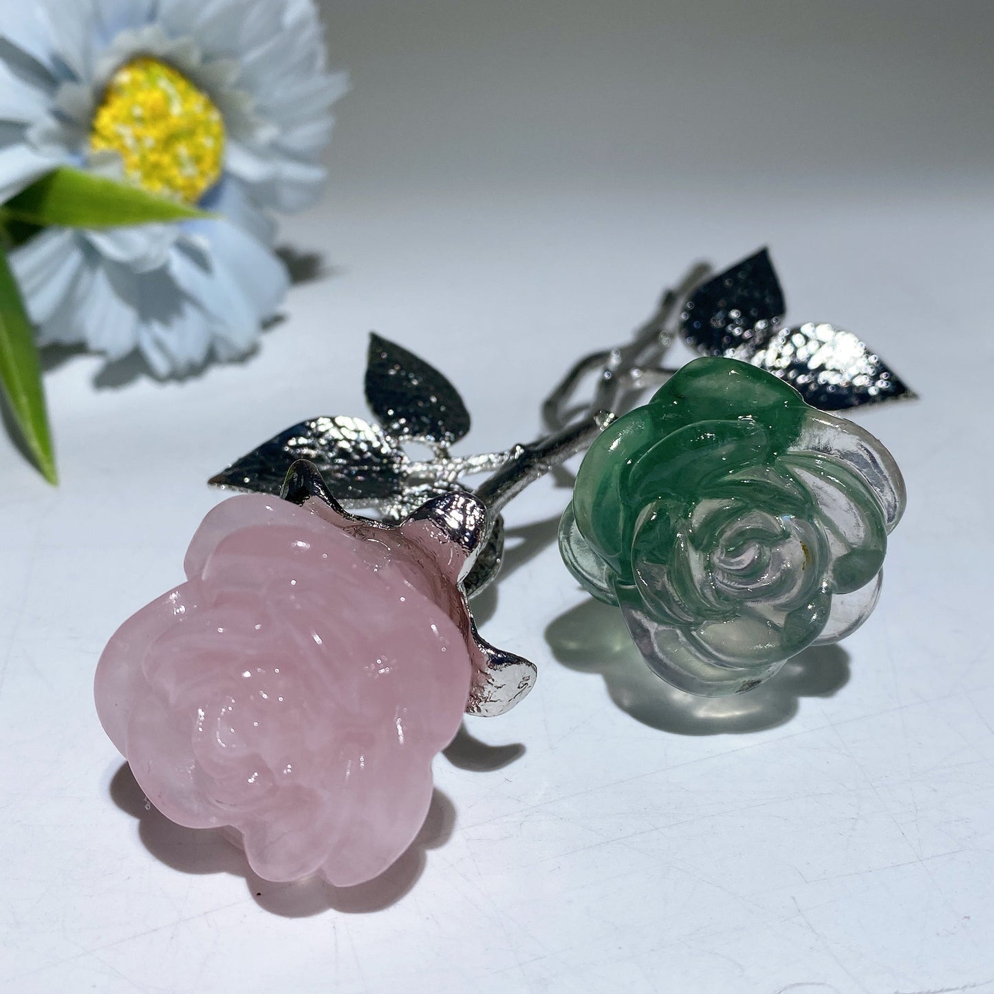 19cm Silver Stem Mixed Crystal Double Flowers Carvings Crystal Healing Bulk Wholesale