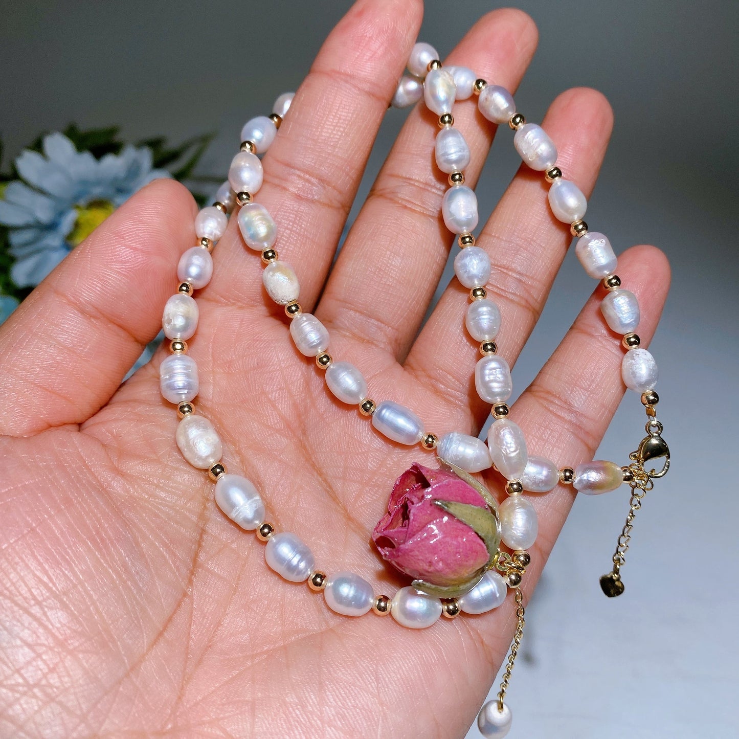 28cm Natrual Water Pearl with Natural Rose Necklace Crystal Healing Bulk Wholesale