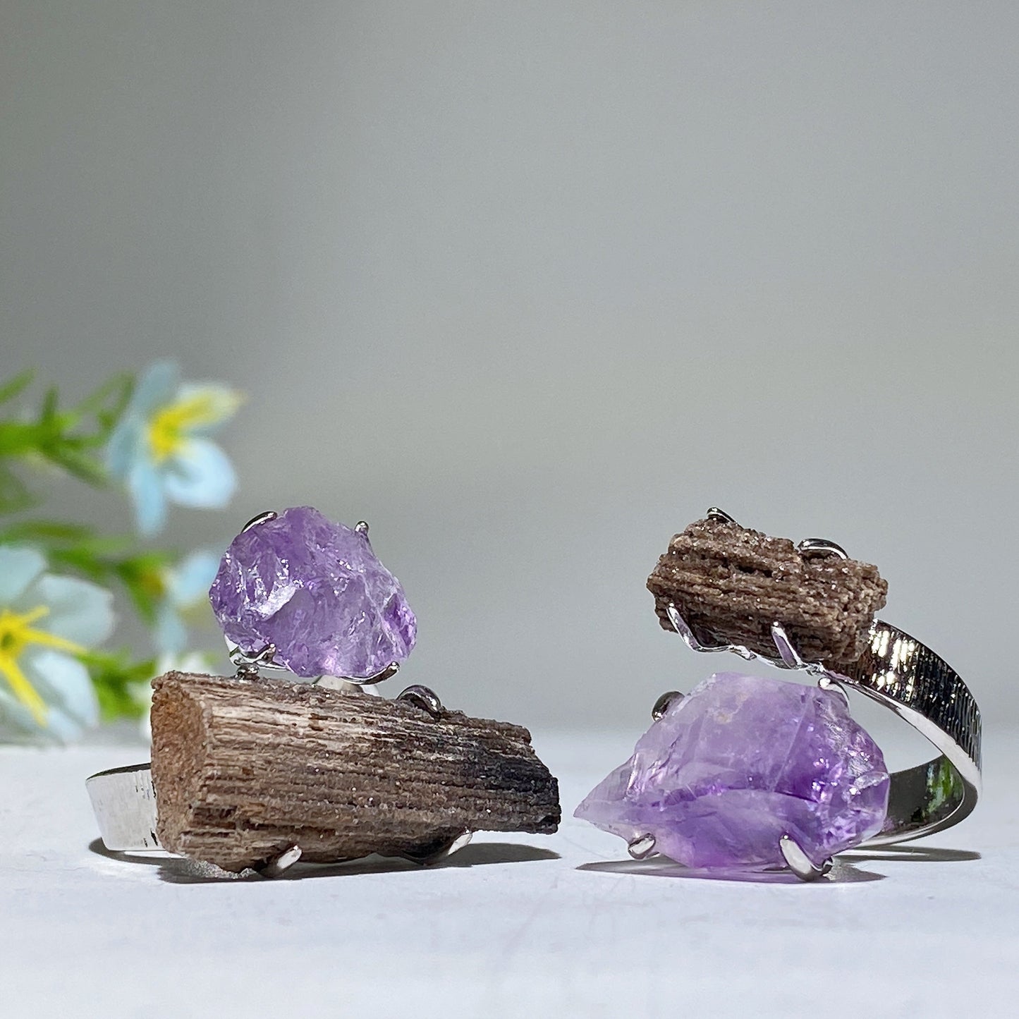 Adjustable Double Crystal Raw Stone Ring Crystal Healing Bulk Wholesale