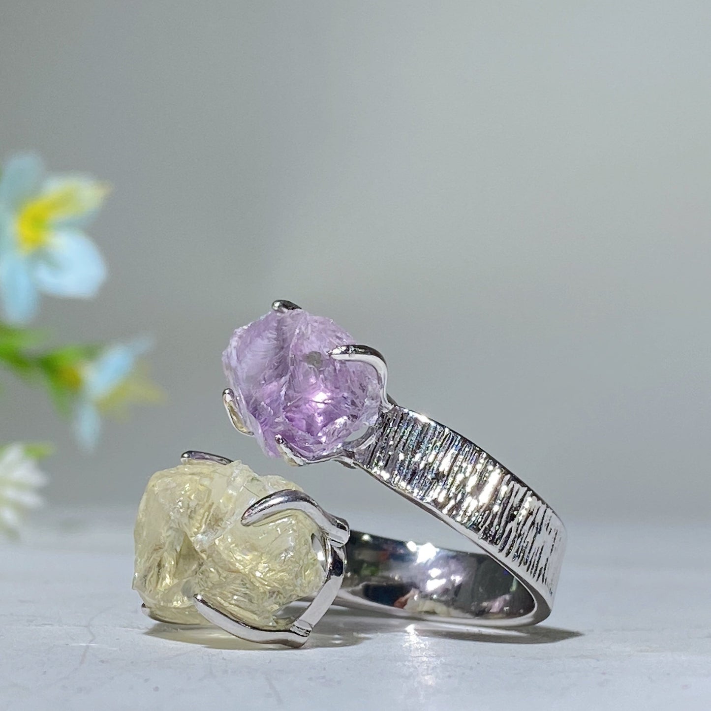 Adjustable Double Crystal Raw Stone Ring Crystal Healing Bulk Wholesale