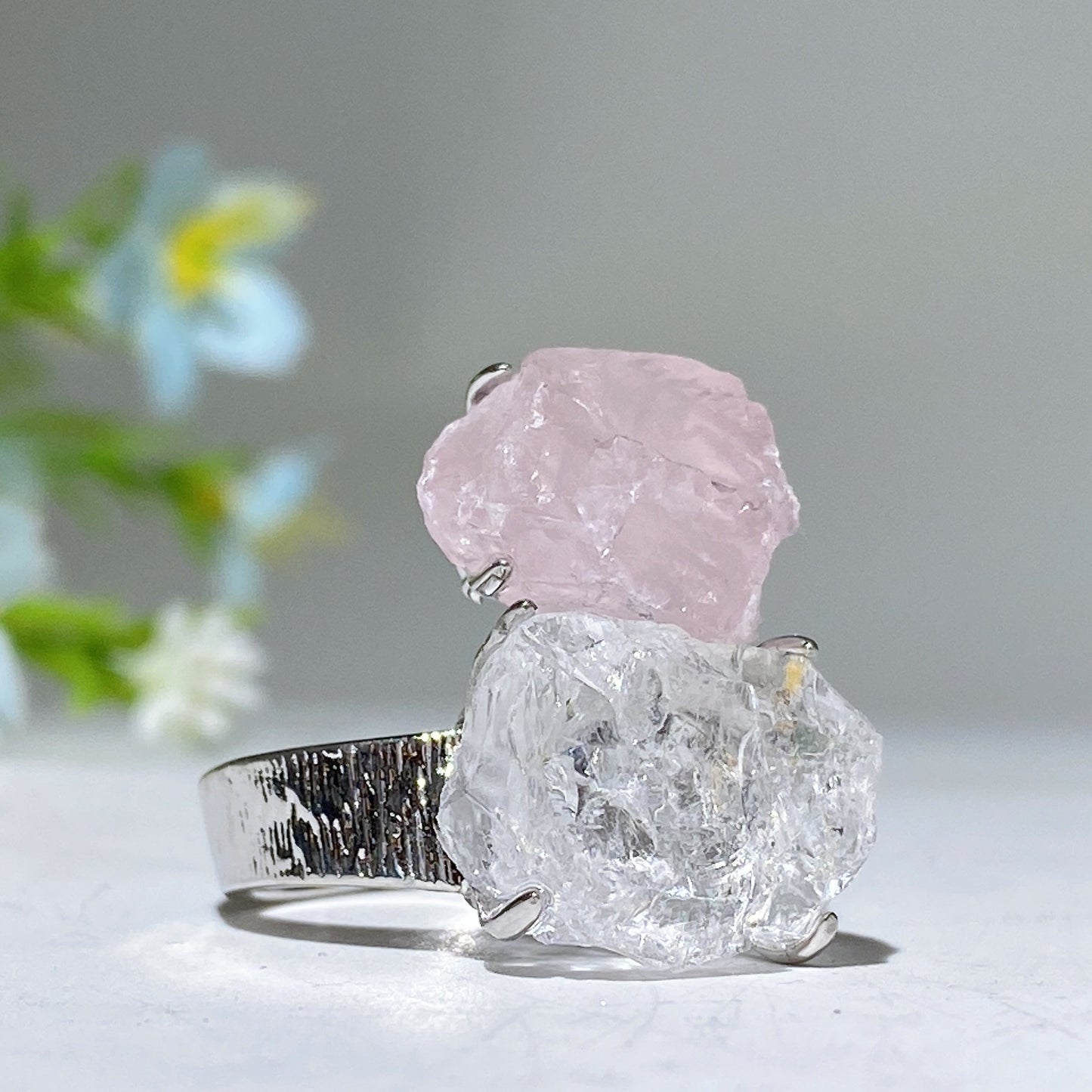 Adjustable Double Crystal Raw Stone Ring Crystal Healing Bulk Wholesale