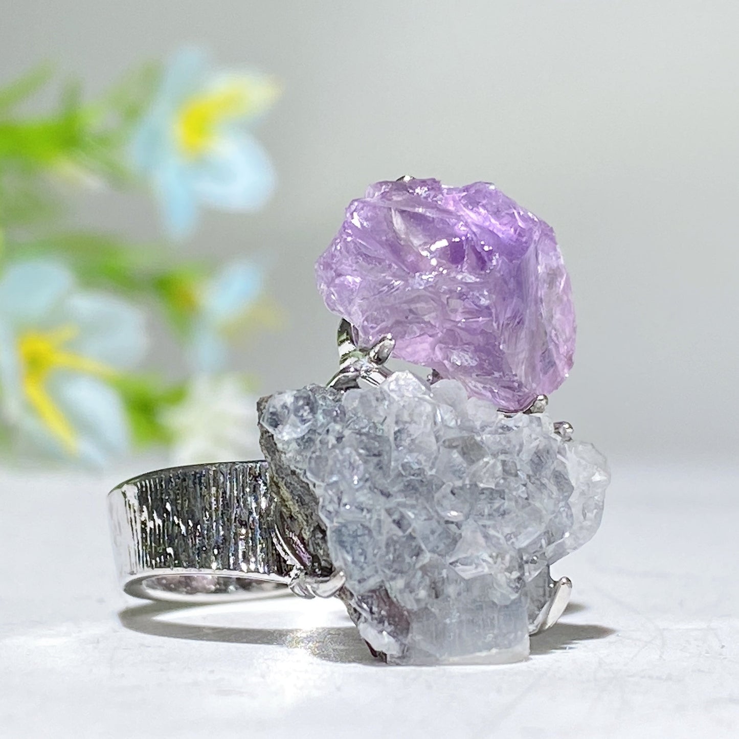Adjustable Double Crystal Raw Stone Ring Crystal Healing Bulk Wholesale