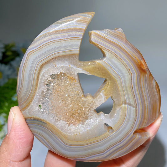 3.6" Druzy Agate Moon Bear Carving Crystal Healing Bulk Wholesale