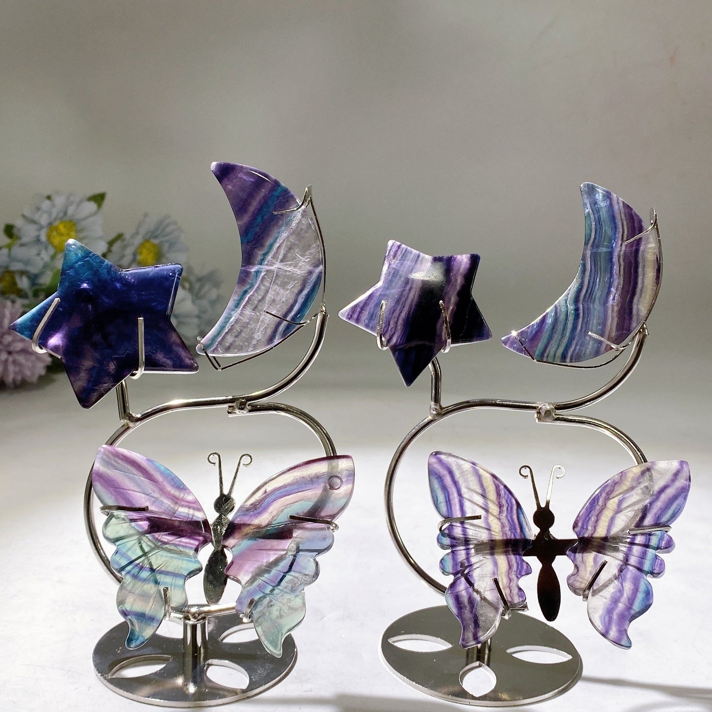 Rainbow Fluorite Moon Star Butterfly Wings Carving with Stand Crystal Healing Bulk Wholesale