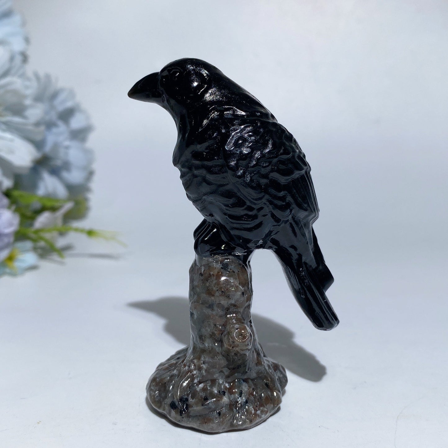 3.4" Black Obsidian Raven on Branch Carving Crystal Healing Bulk Wholesale