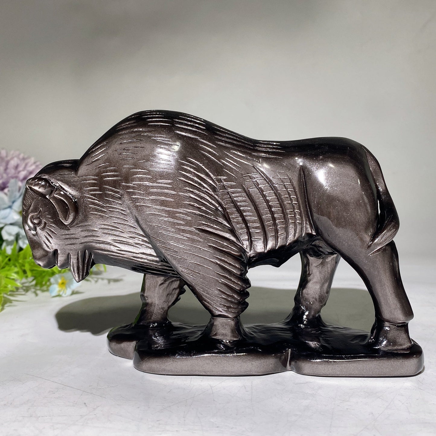 18cm Silver Obsidian Yak Carving Crystal Healing Bulk Wholesale