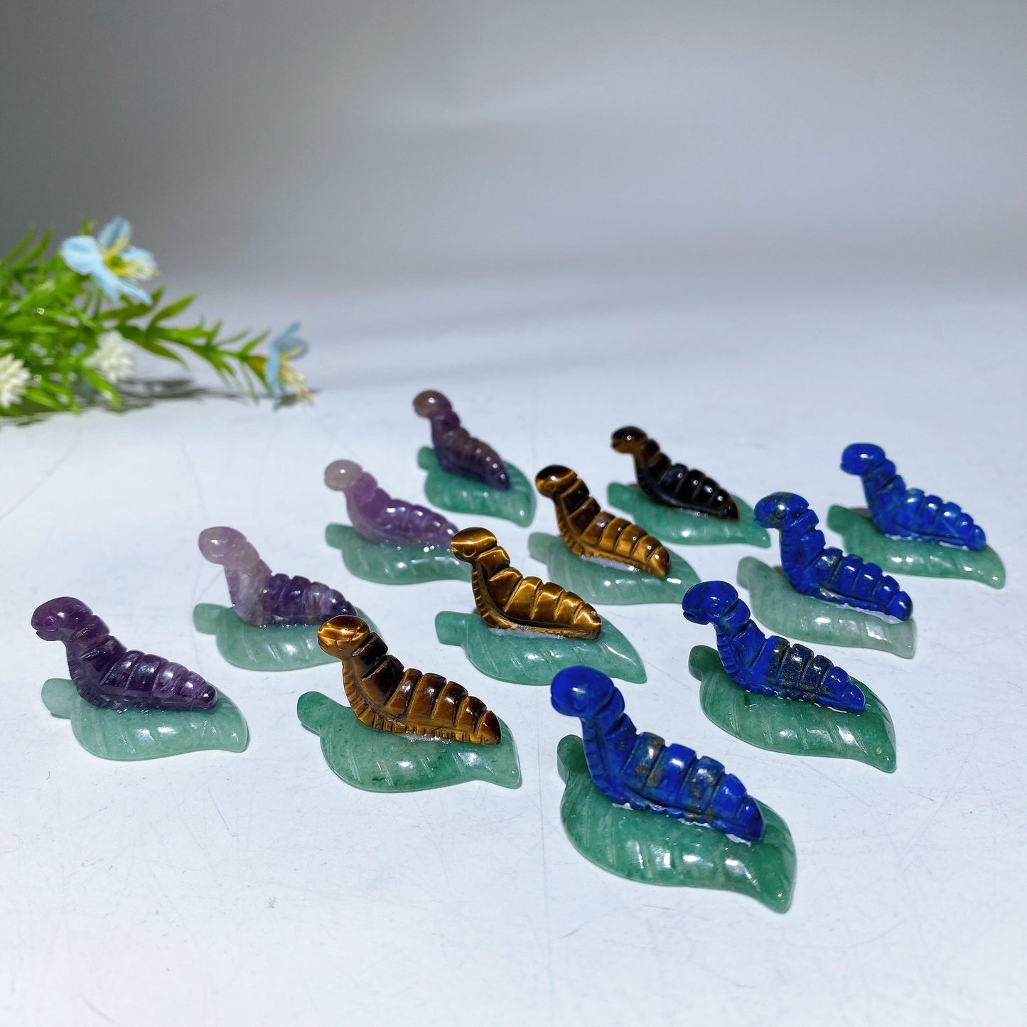 1.3" Crystal Silkworm on Green Aventurine Leaf Carving Crystal Healing Bulk Wholesale