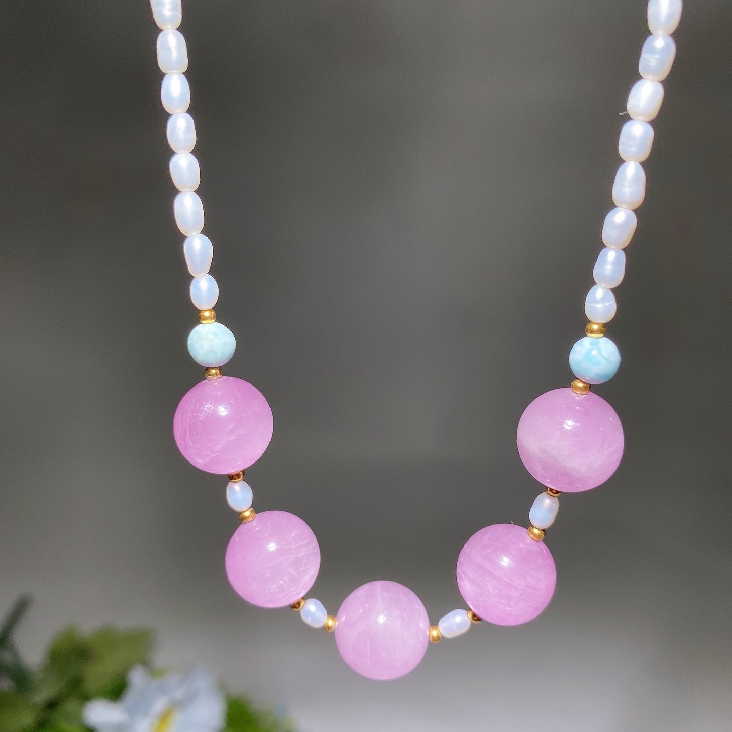 925 Silver Kunzite Larimar & Water Pearl Special DIY Natural Crystal Beads Necklace Crystal Gift Crystal Healing Bulk Wholesale