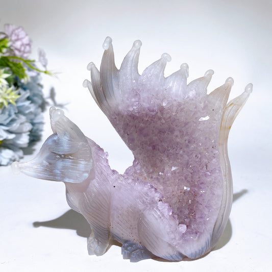 4.5" Unique Agate Growing with Amethyst Cluster Fox Carving Crystal Healing Bulk Wholesale