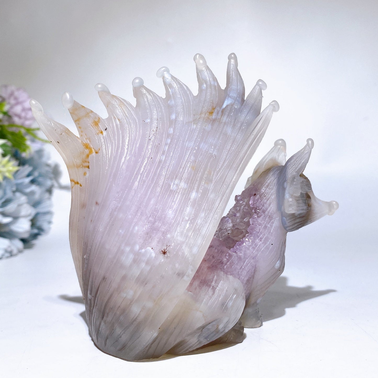 4.5" Unique Agate Growing with Amethyst Cluster Fox Carving Crystal Healing Bulk Wholesale