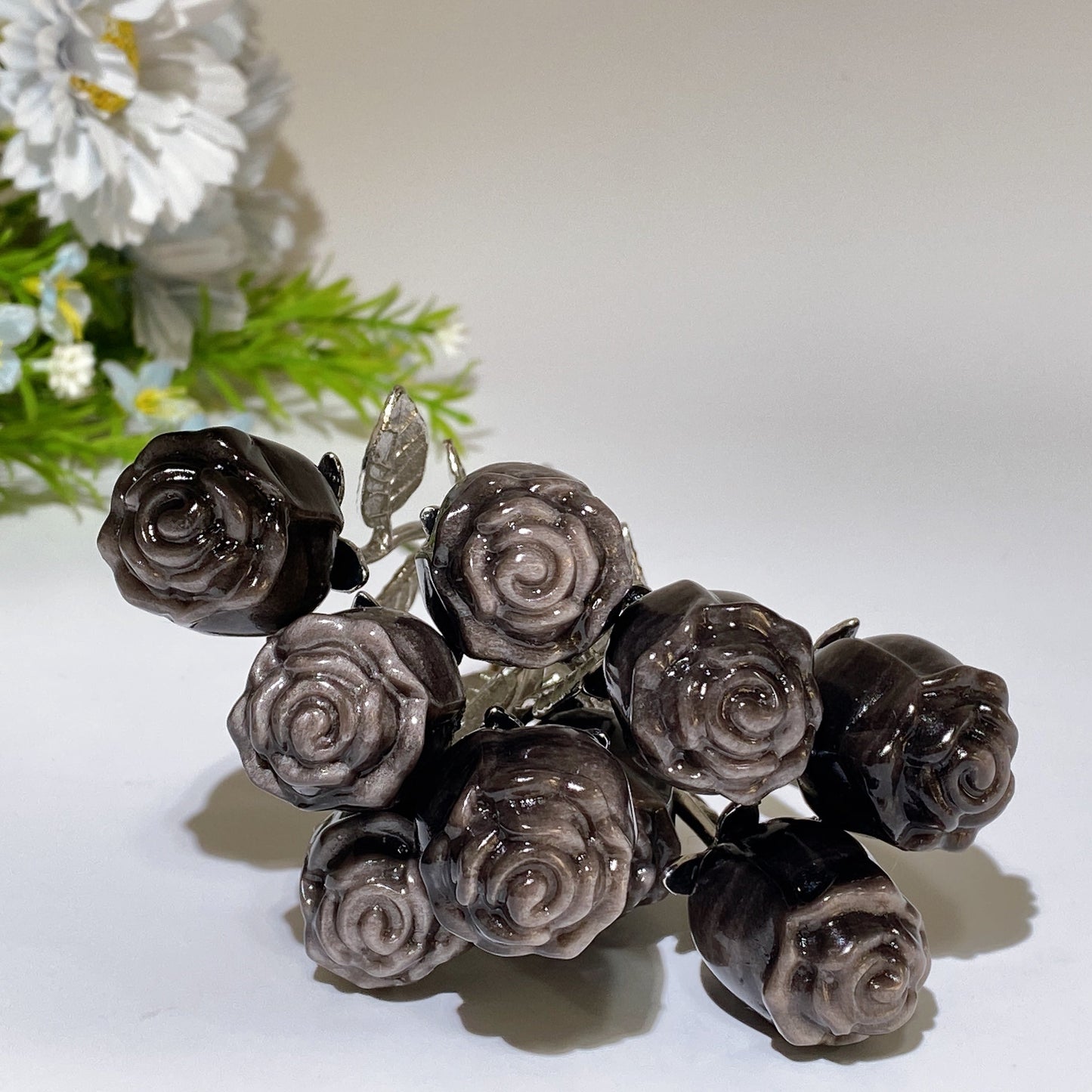 Crystal Flower Carving with Silver Color Metal Stem Crystal Healing Bulk Wholesale