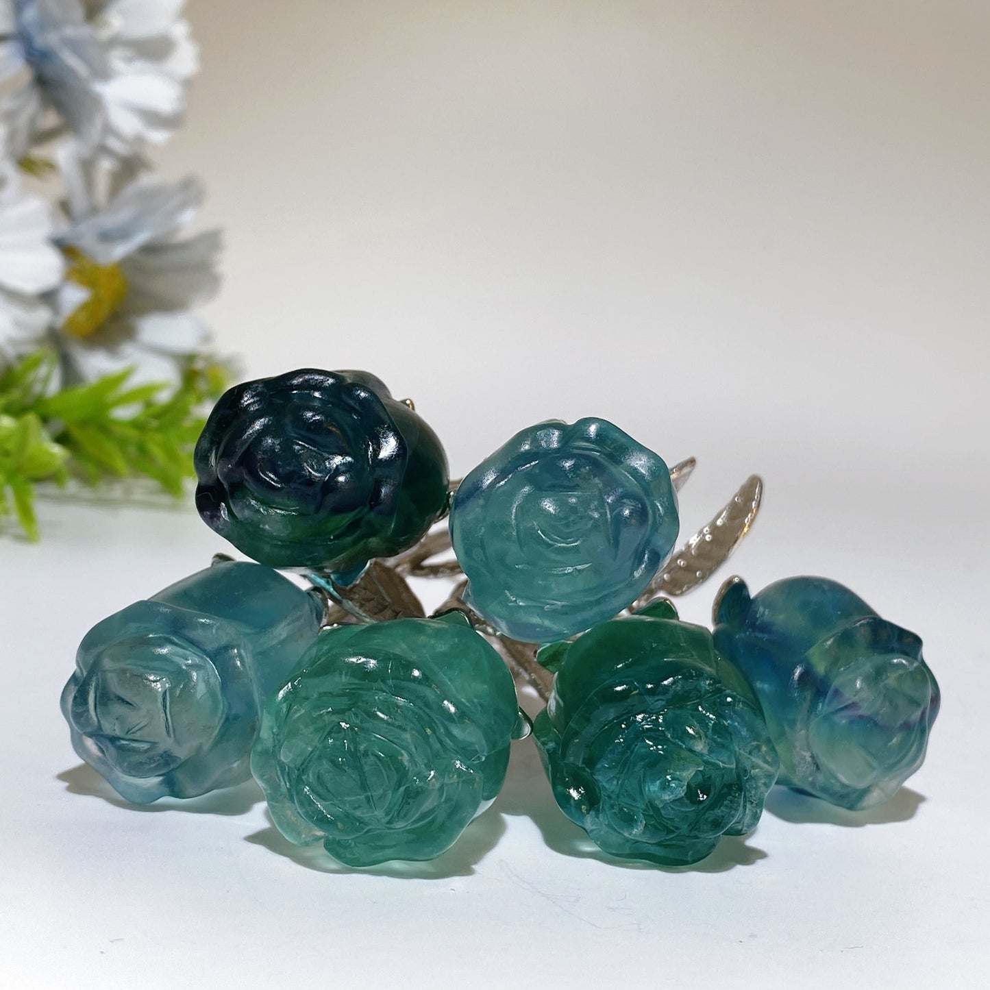 Crystal Flower Carving with Silver Color Metal Stem Crystal Healing Bulk Wholesale