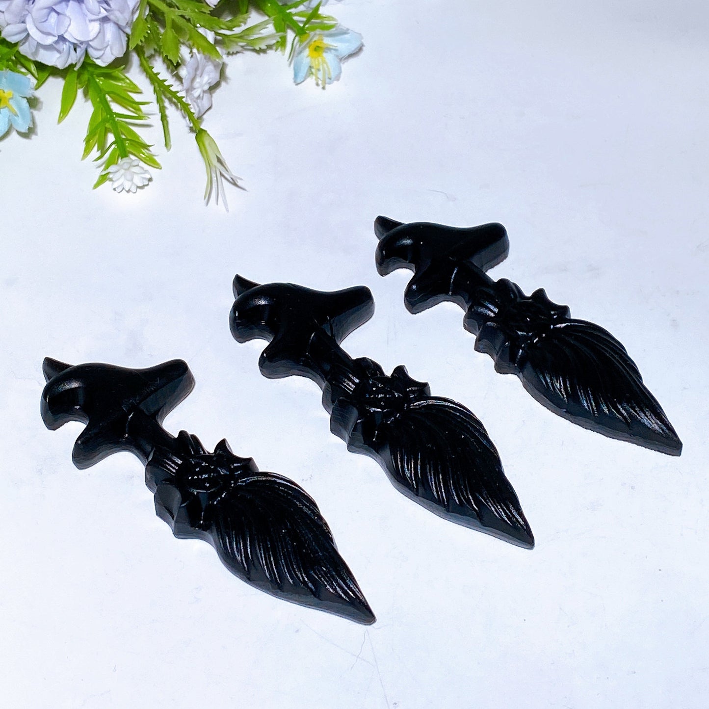 3.9“ Black Obsidian Broom Carving Crystal Healing Bulk Wholesale