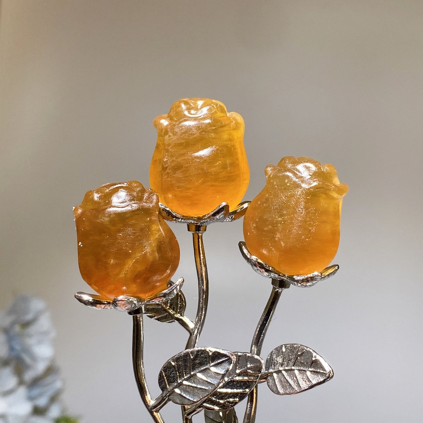 Crystal Flower Carving with Silver Color Metal Stem Crystal Healing Bulk Wholesale