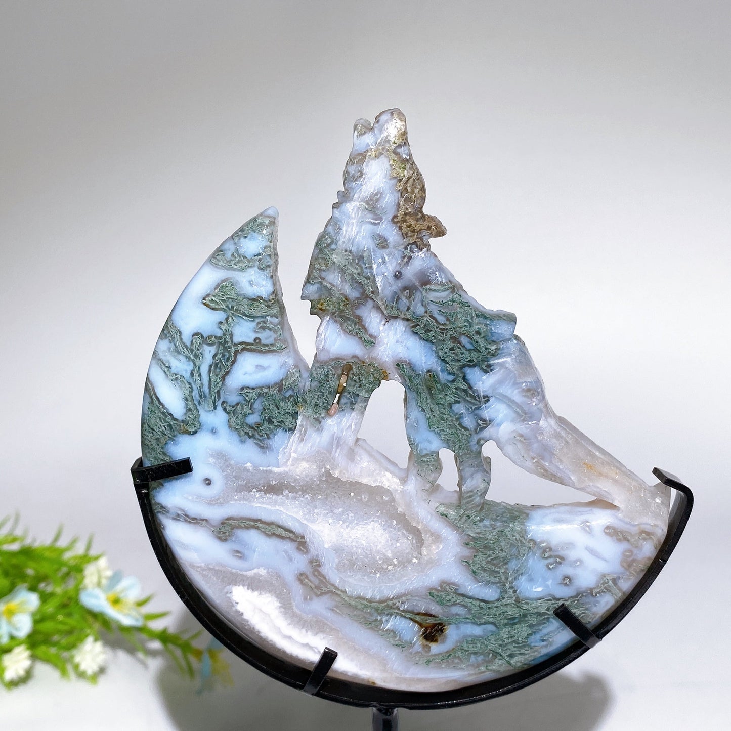 4.0"-4.4" Crystal Wolf On Moon Carving with Stand Crystal Healing Bulk Wholesale