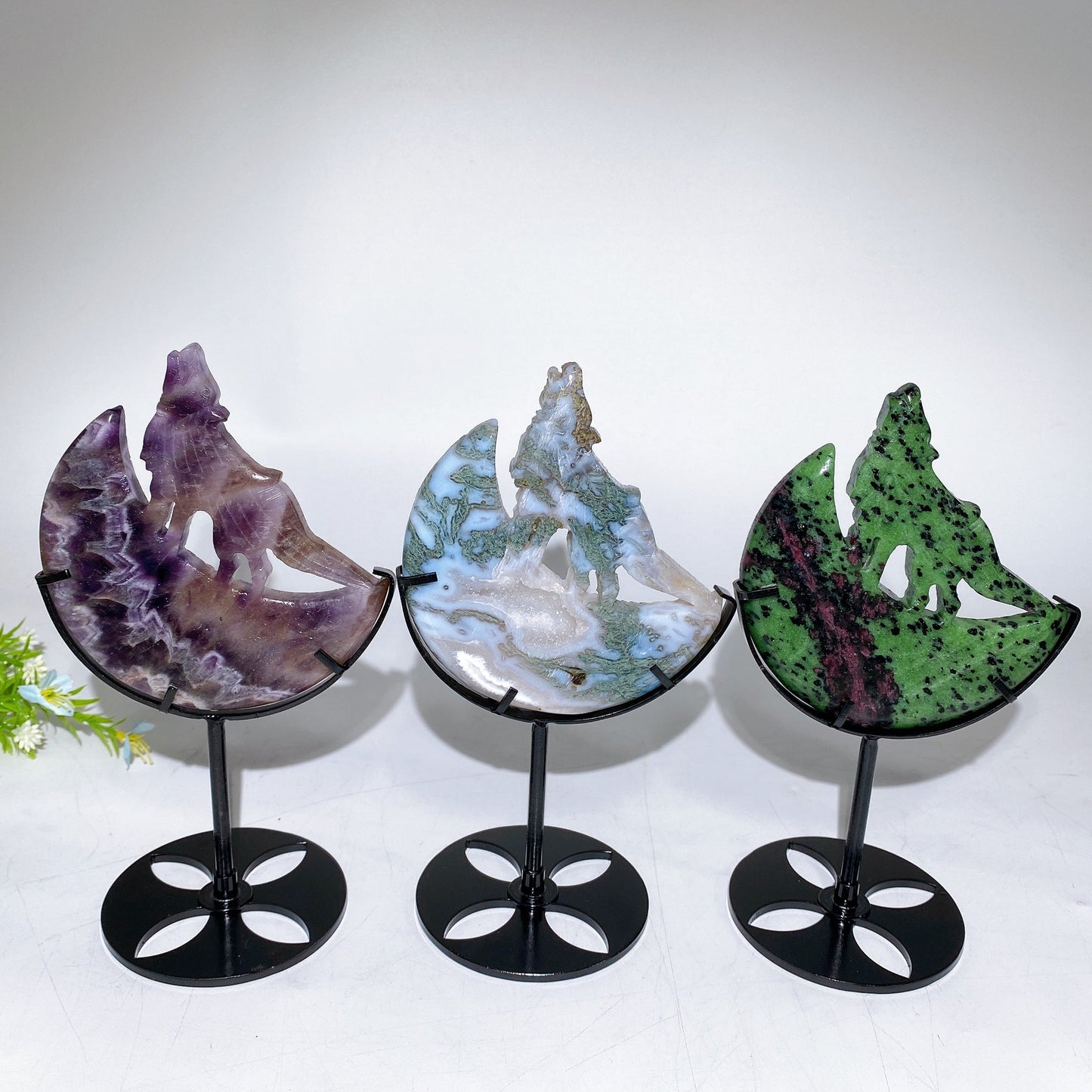 4.0"-4.4" Crystal Wolf On Moon Carving with Stand Crystal Healing Bulk Wholesale