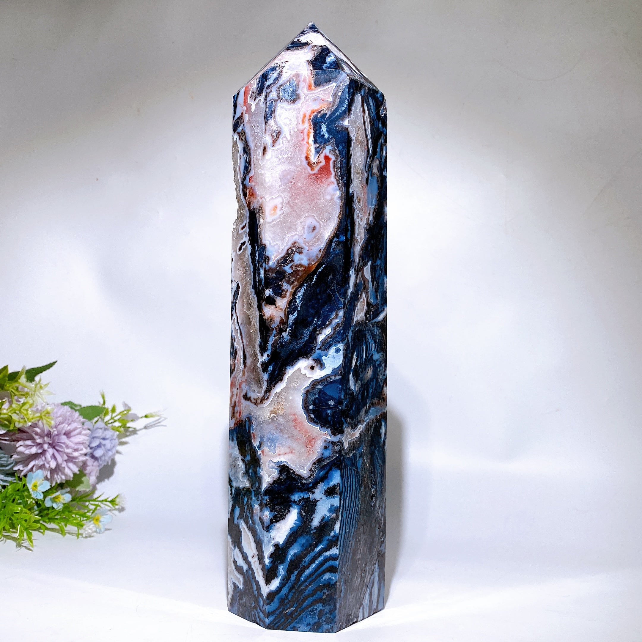 32cm Large Unique Druzy Black Banded Agate In Quartz Tower Crystal