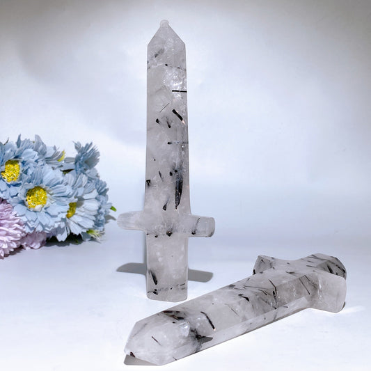 20cm Black Tourmaline In Quartz Sward Carving Crystal Healing Bulk Wholesale