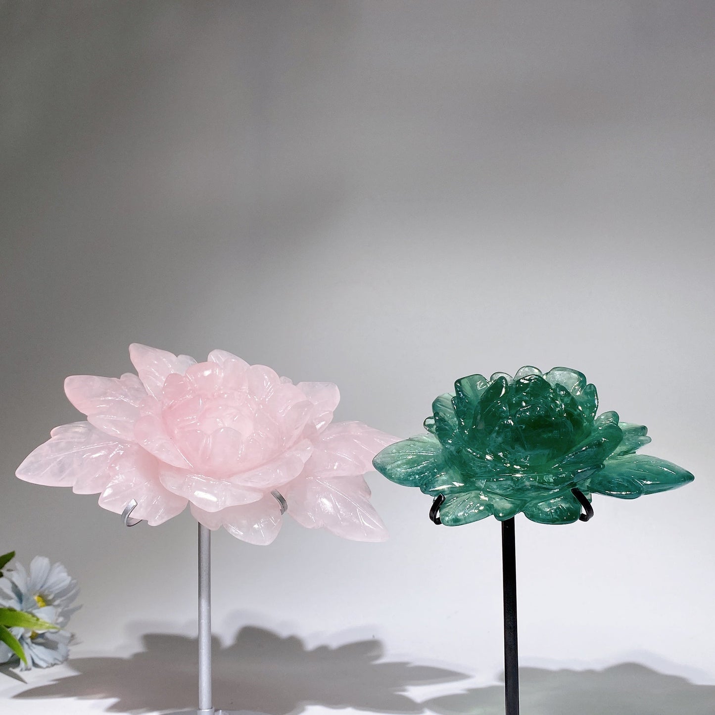 Rose Quartz Fluorite Peony Carving with Stand Crystal Healing Set Bulk Wholesale