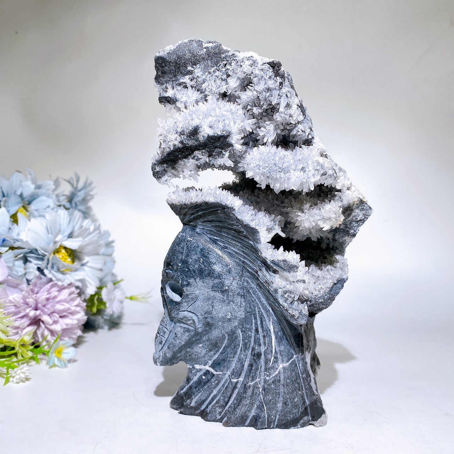 18cm Large Unique Sphelarite Grow with UV Reactive Calcite Skull Carving Crystal Healing Bulk Wholesale