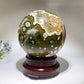 Large Unique Druzy Ocean Jasper Sphere with Wooden Stand Crystal Healing Bulk Wholesale
