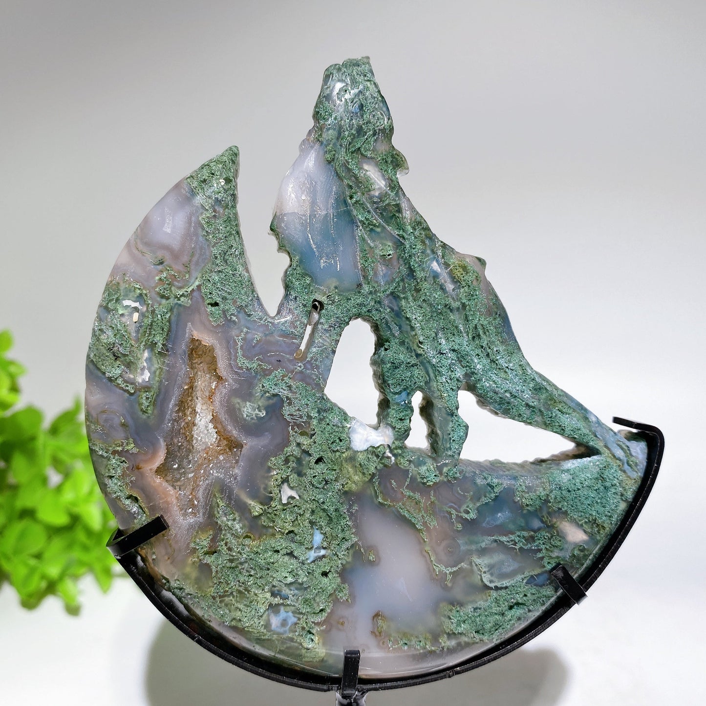 Crystal Wolf on Moon Carving with Stand Free Form Crystal Healing Bulk Wholesale