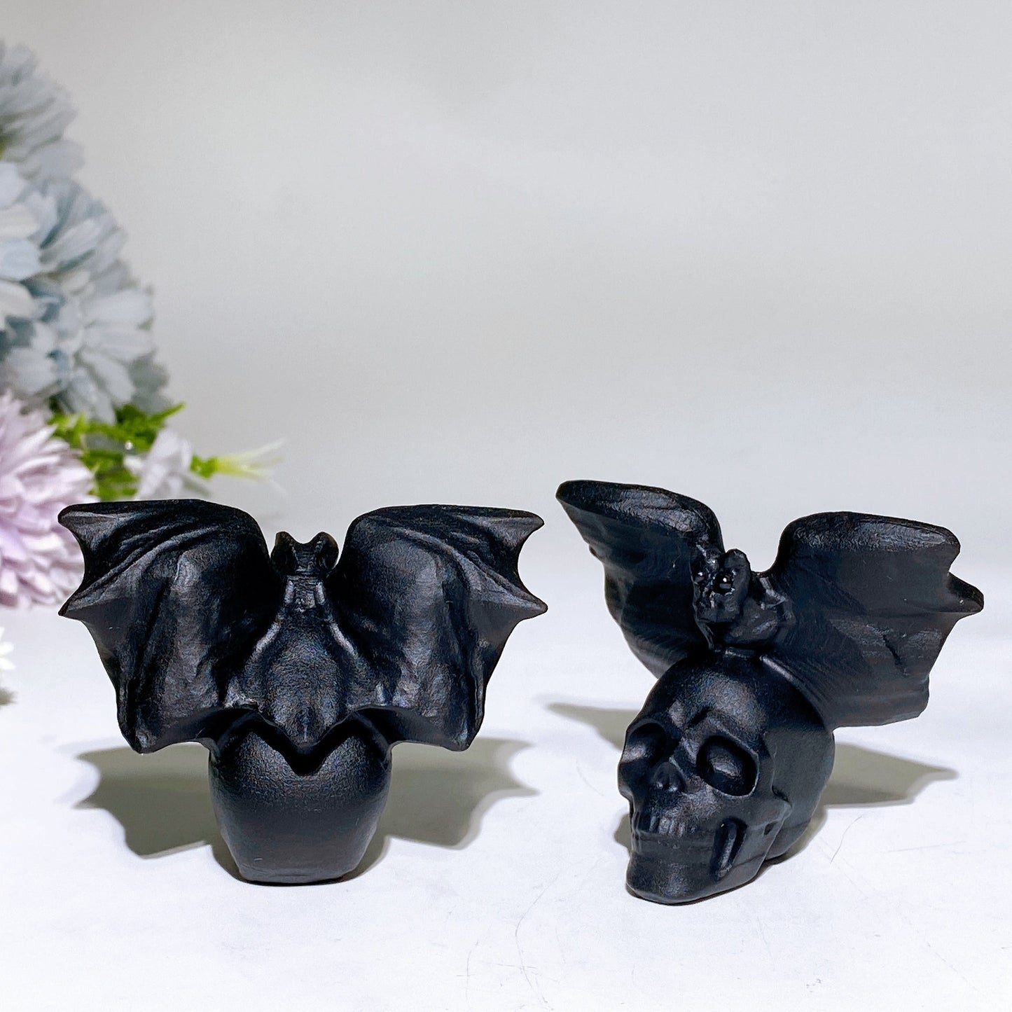 2.6" Black Obsidian Skull with Bat Carving Crystal Healing Bulk Wholesale