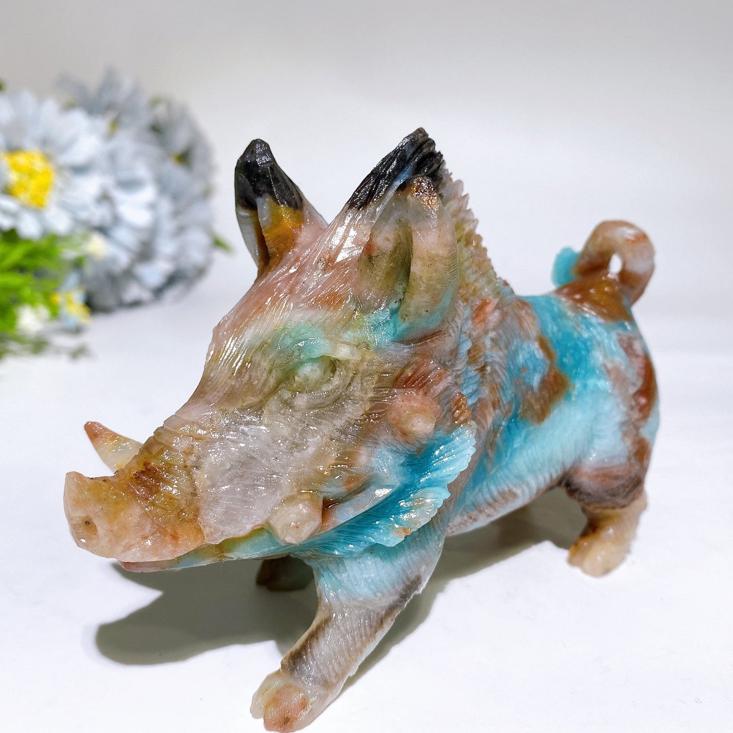 Caribbean Calcite Sky Blue Wild Boar Family Carving Crystal Healing Bulk Wholesale