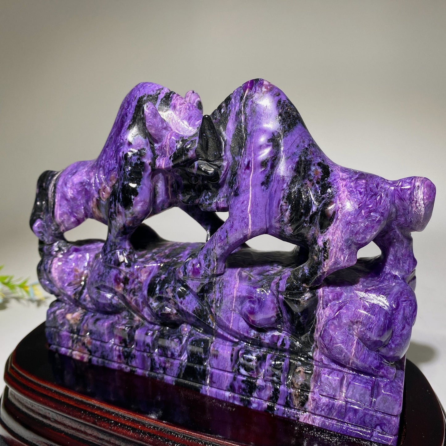 Unique Charoite Bullfighting Carving with Stand Crystal Healing Free Form