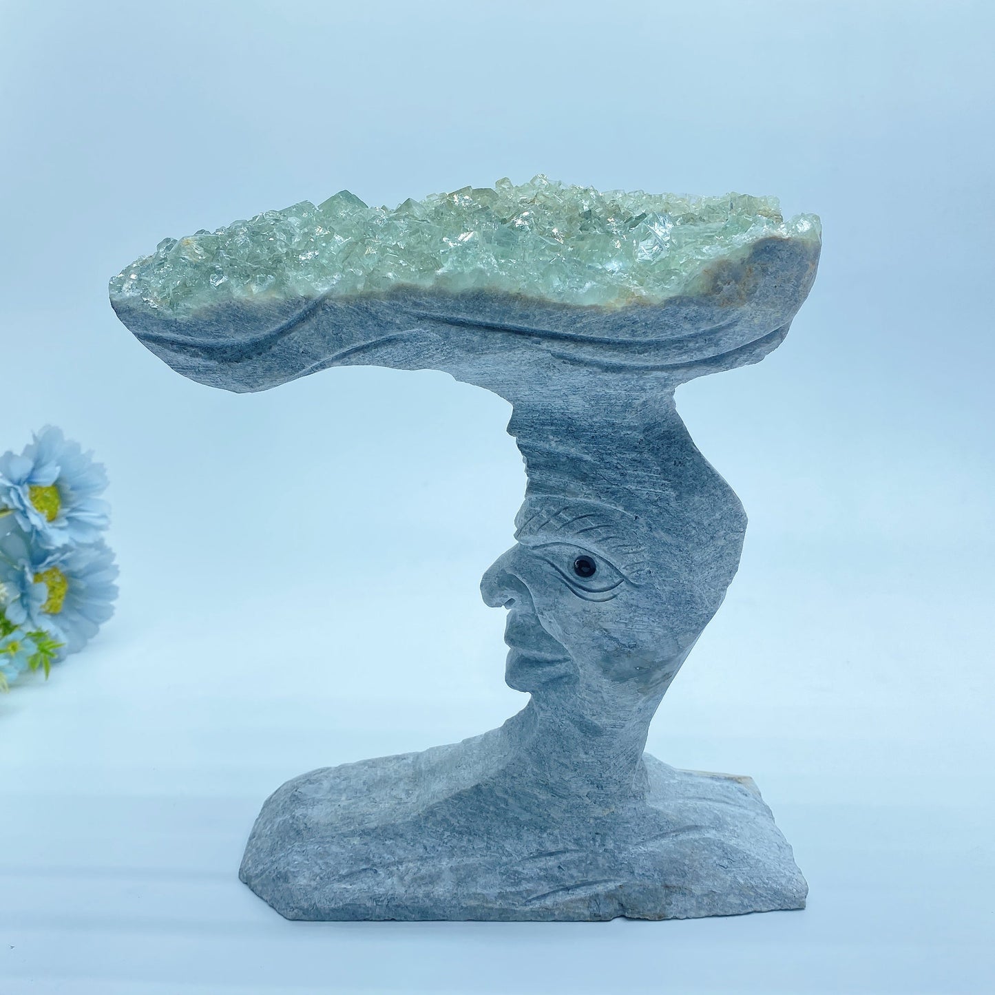 Large Unique Green Quartz Moon Face Carving Crystal Healing Bulk Wholessale