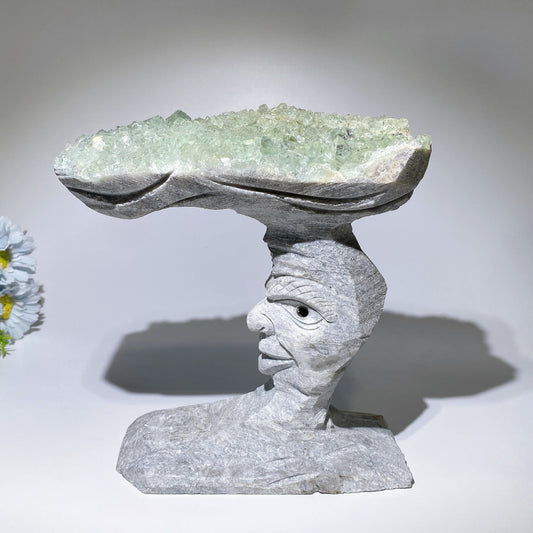 Large Unique Green Quartz Moon Face Carving Crystal Healing Bulk Wholessale