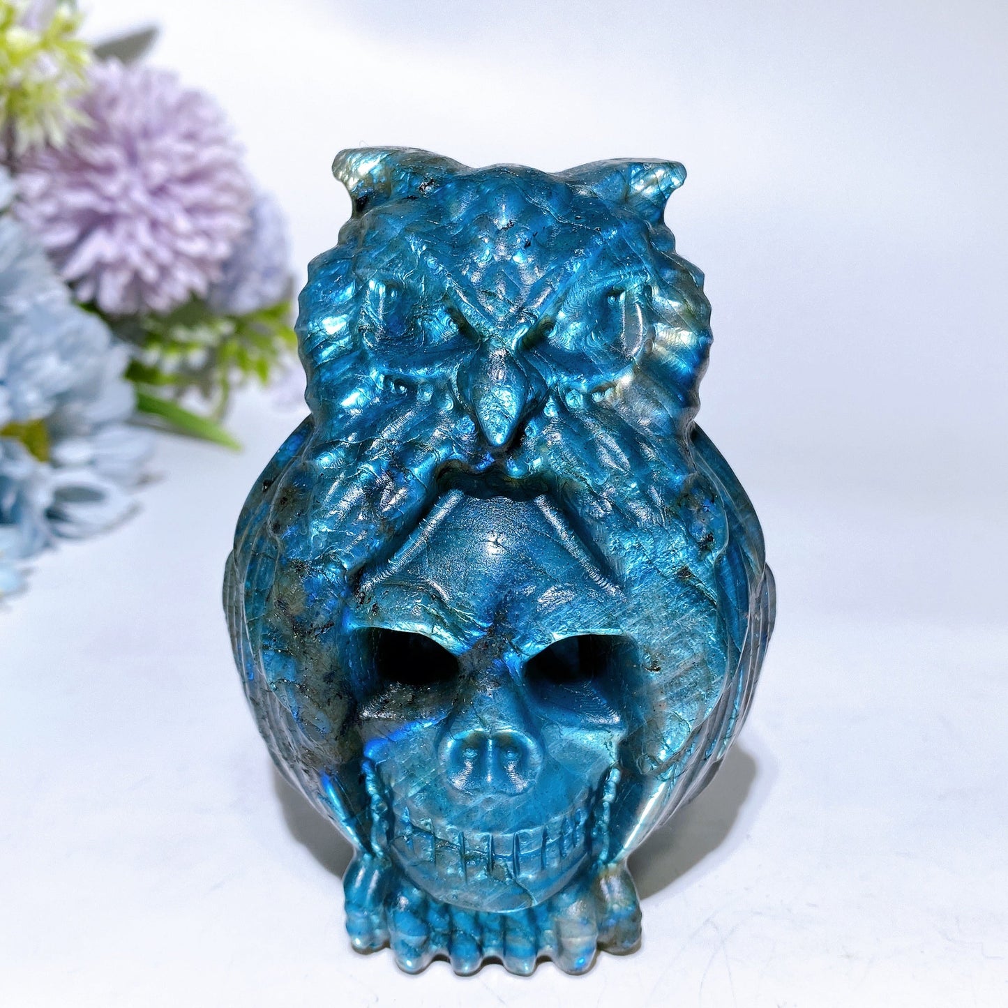 3.8" Labradorite Skull with Owl Carving Crystal Healing Bulk Wholesale
