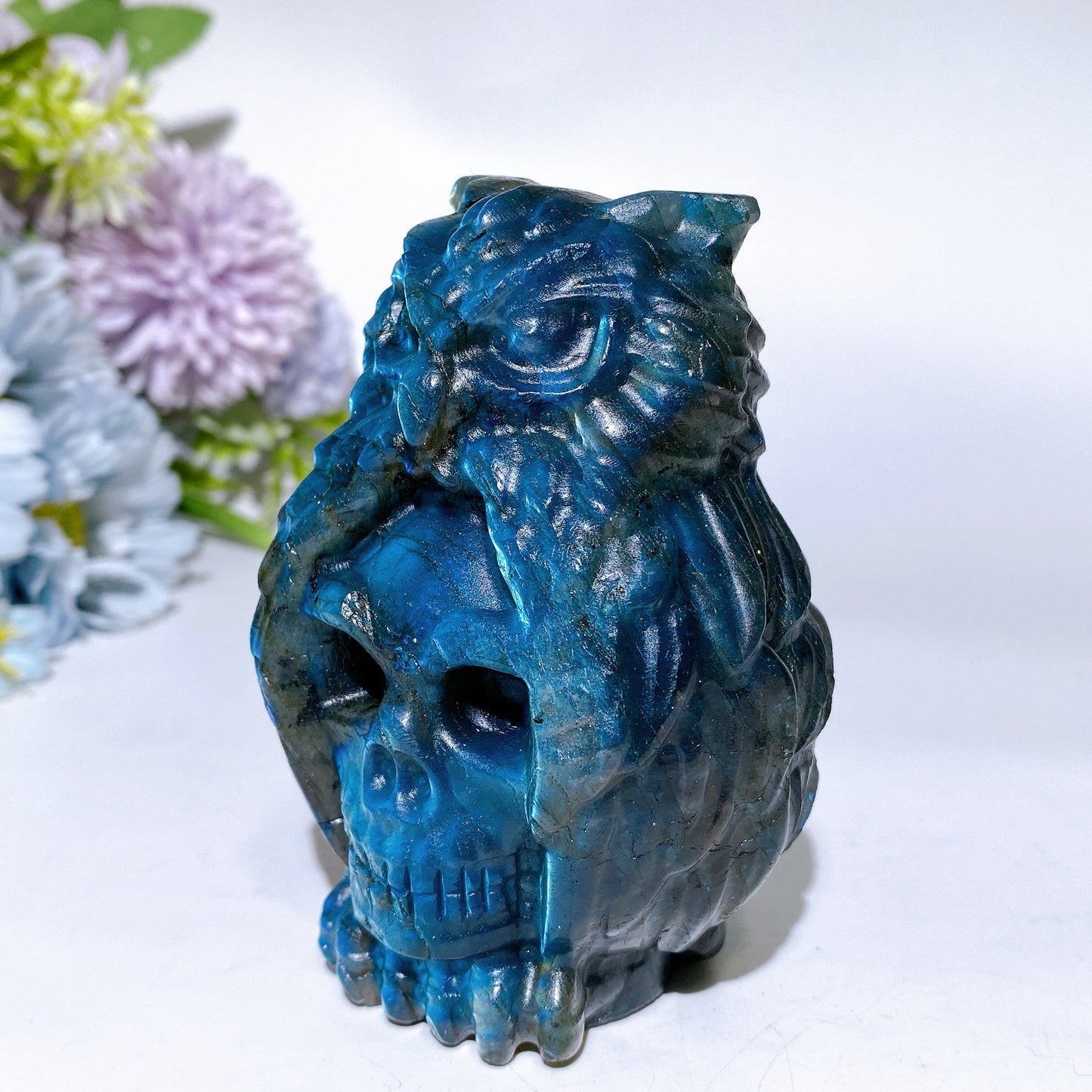 3.8" Labradorite Skull with Owl Carving Crystal Healing Bulk Wholesale