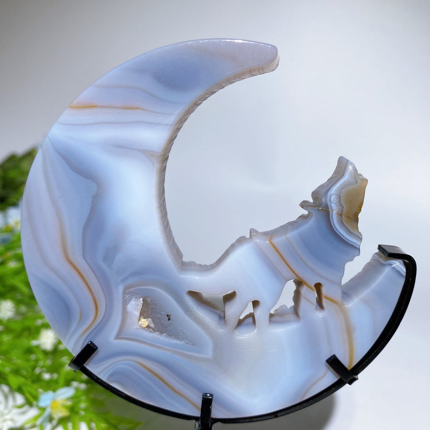 Druzy Agate Wolf on Moon Carving with Stand Crystal Healing Bulk Wholesale