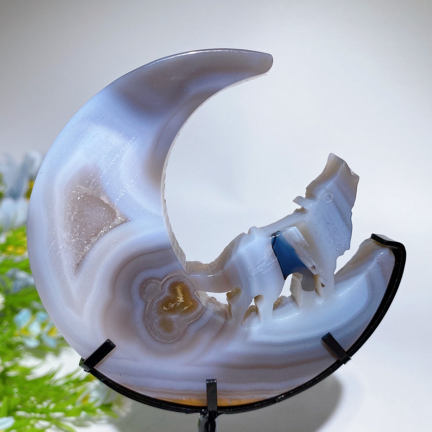 Druzy Agate Wolf on Moon Carving with Stand Crystal Healing Bulk Wholesale