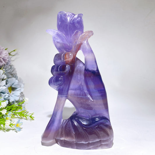 20cm Fuorite Hand Rose Flower Carving Crystal Healing Bulk Wholesale