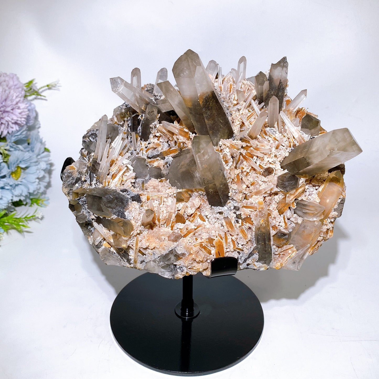 Large Unique Smoky Quartz Grow with Calcite Cluster Specimen with Stand Crystal Healing Bulk Wholesale