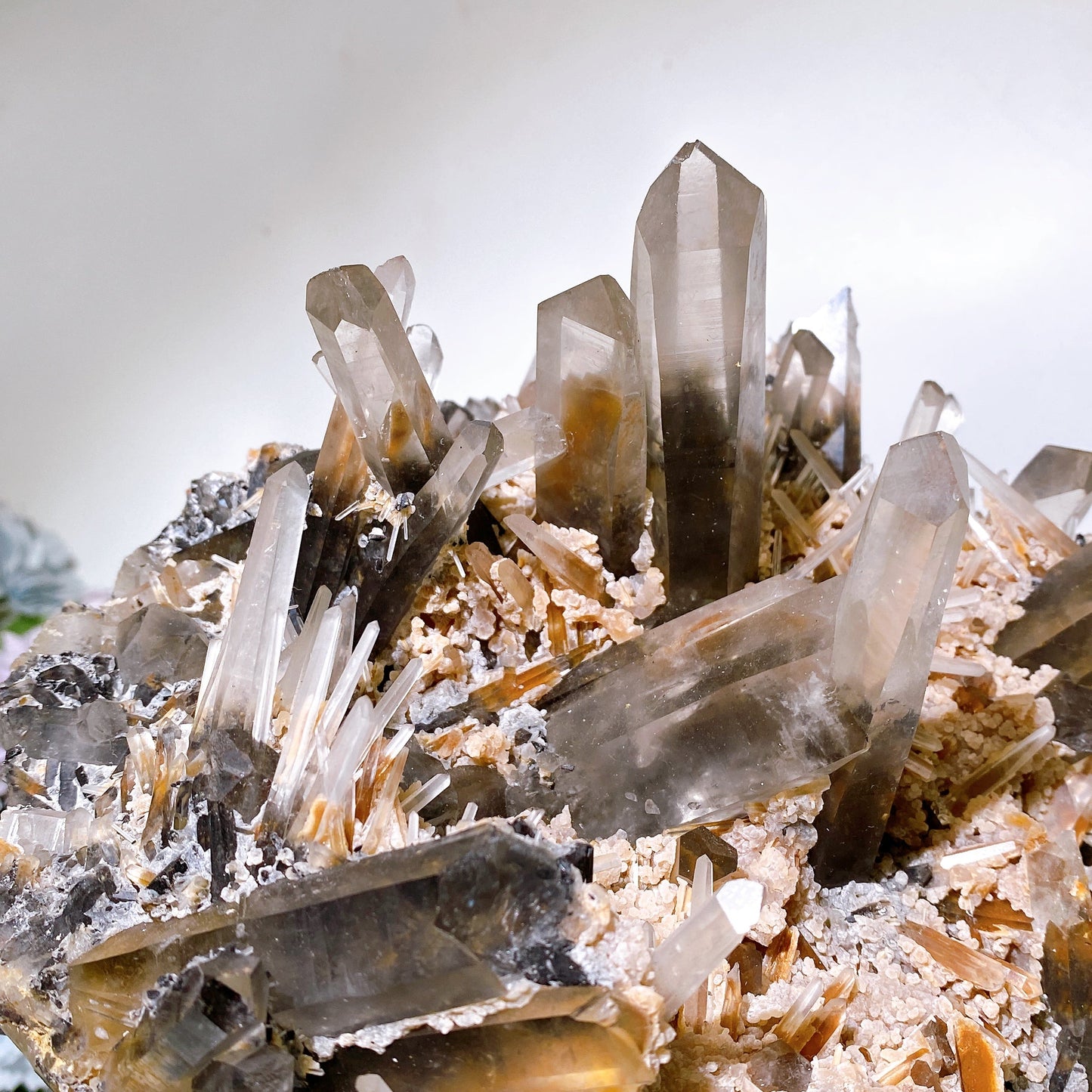 Large Unique Smoky Quartz Grow with Calcite Cluster Specimen with Stand Crystal Healing Bulk Wholesale