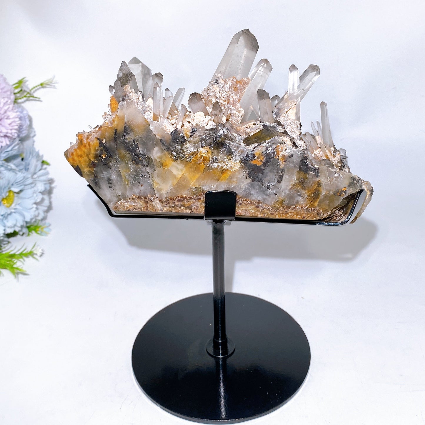 Large Unique Smoky Quartz Grow with Calcite Cluster Specimen with Stand Crystal Healing Bulk Wholesale