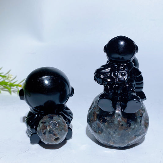 2.3" 3.3" Black Obsidian Spaceman on Yooperlite Planet Carving Crystal Healing Bulk Wholesale