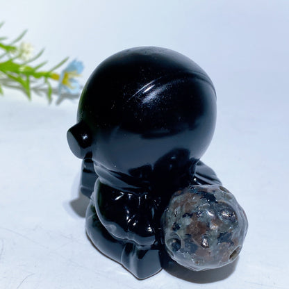 2.3" 3.3" Black Obsidian Spaceman on Yooperlite Planet Carving Crystal Healing Bulk Wholesale