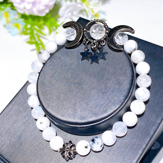 6mm Rainbow Moonstone with Clear Quartz Planet Bracelet Crystal Healing Bulk Wholesale